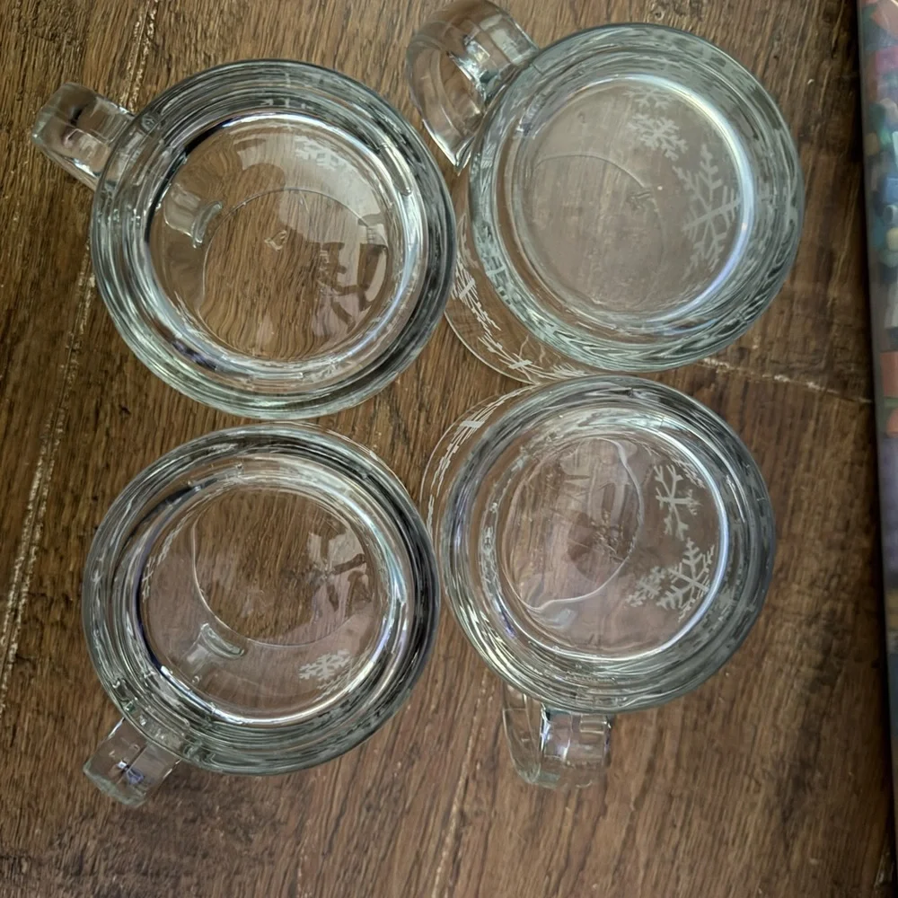 Crate & Barrel Clear Glass White Snowflake Winter Christmas Coffee Mugs USA set